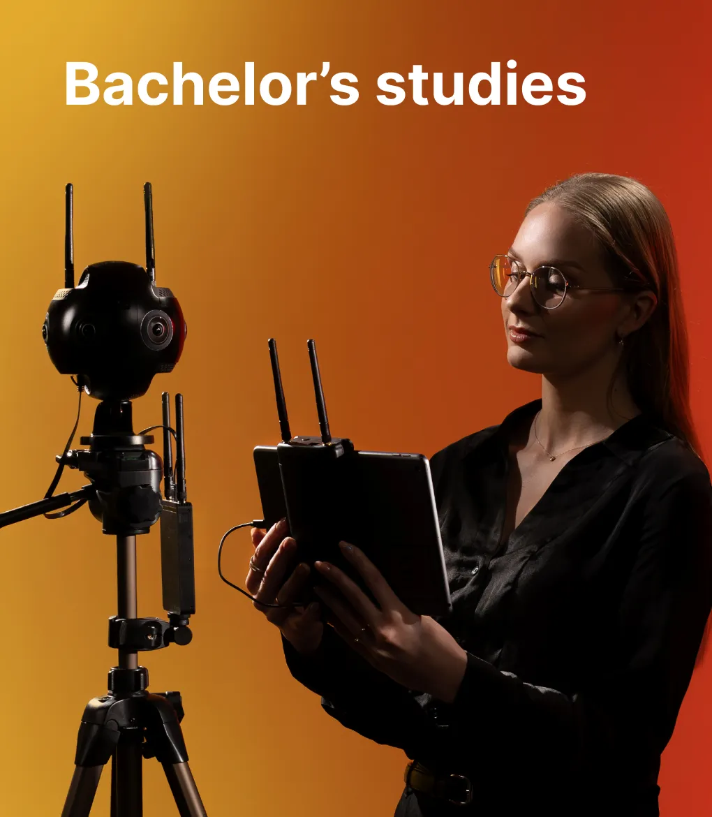 A KTU Faculty of Civil Engineering and Architecture student working with recording and measurement equipment against a yellow decorative background. The faculty offers bachelor's studies. Choose KTU bachelor's studies.