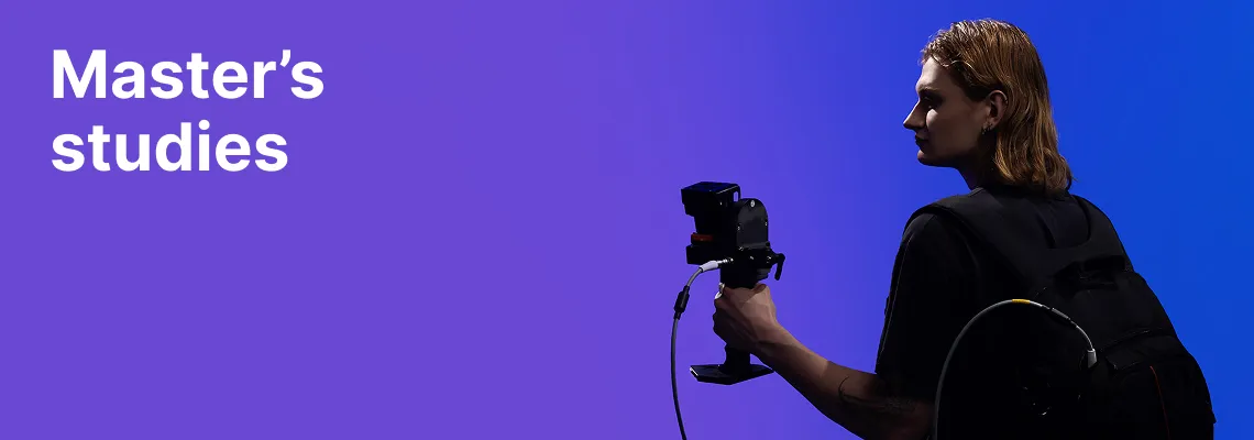A KTU Faculty of Civil Engineering and Architecture student working with digital measurement equipment against a blue decorative background. The faculty offers master’s studies. Choose KTU master’s studies.