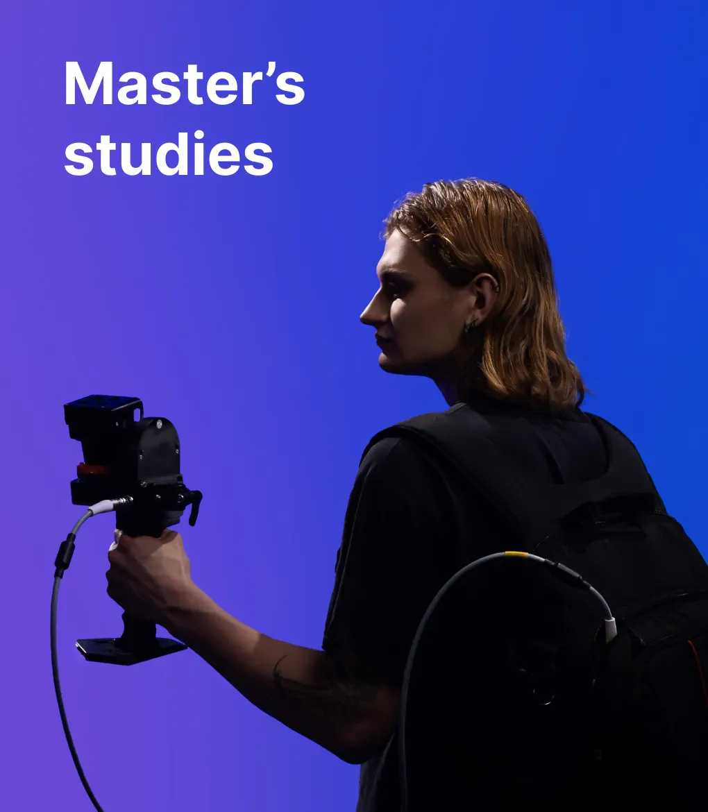 A KTU Faculty of Civil Engineering and Architecture student working with digital measurement equipment against a blue decorative background. The faculty offers master’s studies. Choose KTU master’s studies.