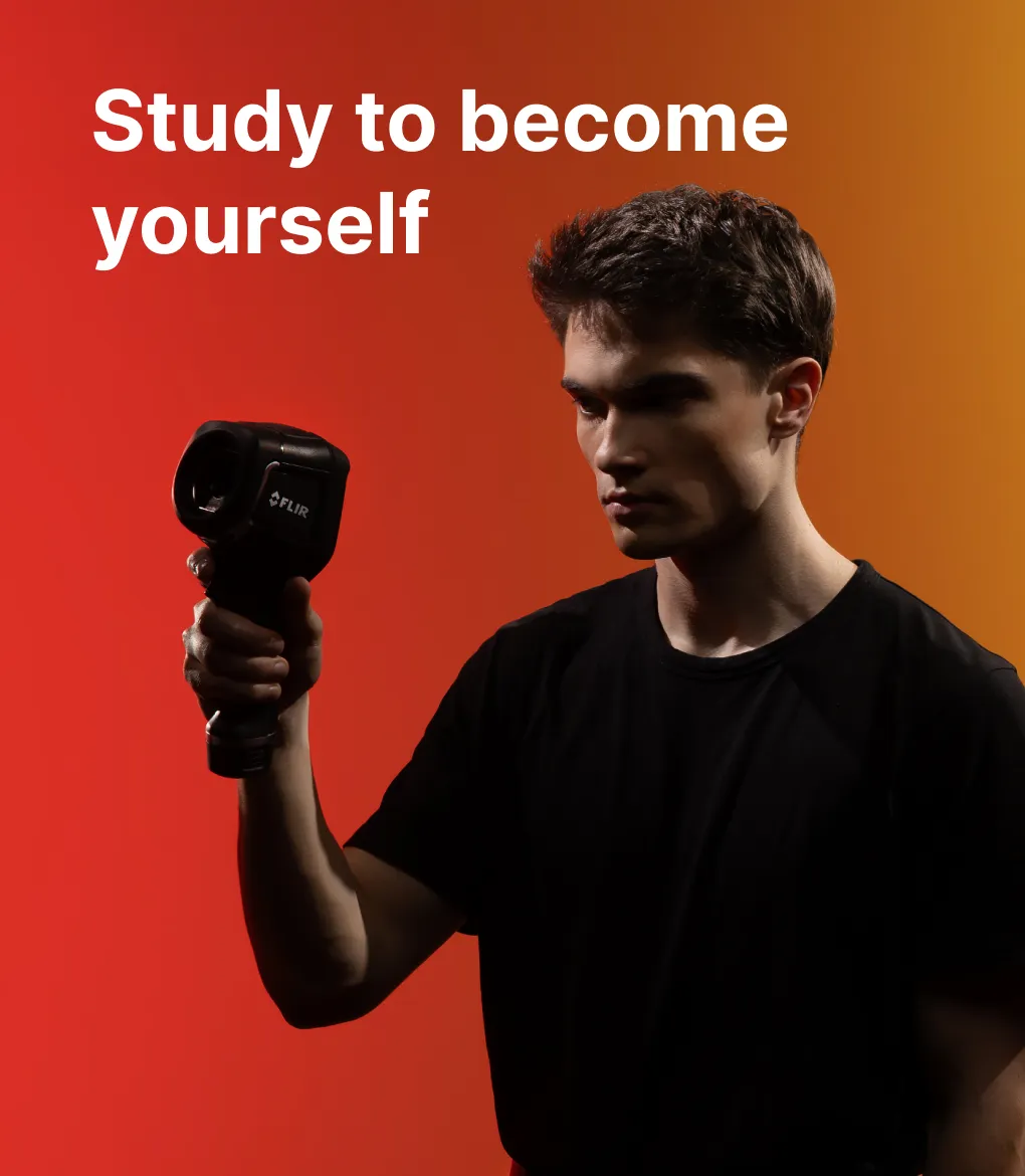 A KTU Faculty of Civil Engineering and Architecture student working with recording and measurement equipment against a yellow decorative background. The faculty offers bachelor's studies. Choose KTU bachelor's studies.